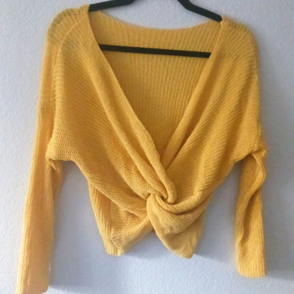 Vibrant Yellow V-Neck Sweater with Twisted Detail
